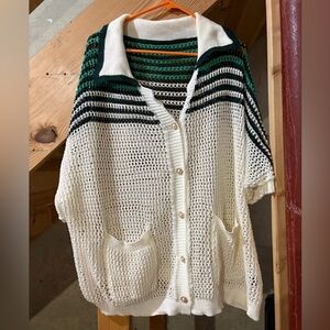 SHEIN Green and Cream Open Knit Cardigan